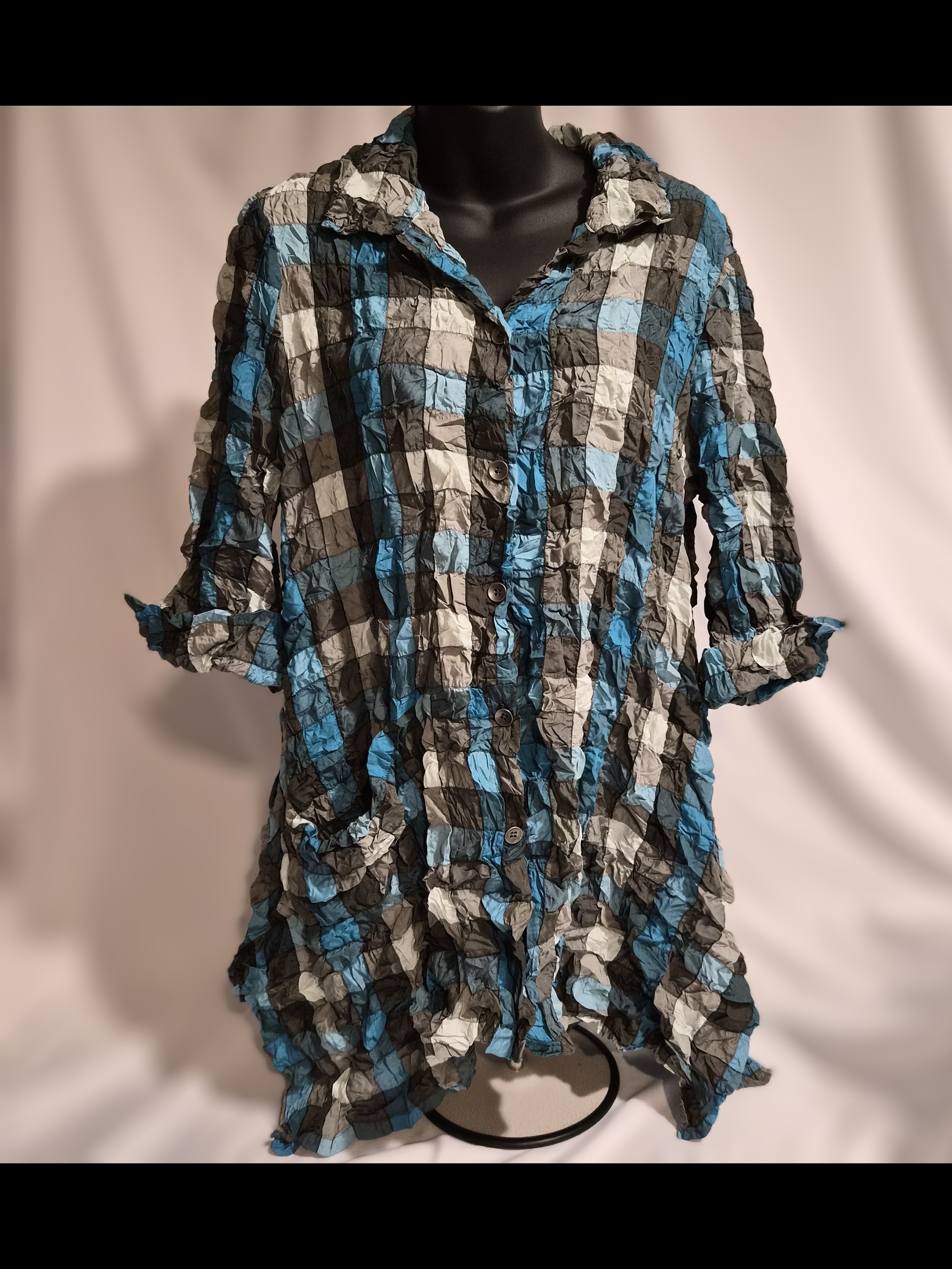Chalet Et Ceci Textured Plaid Button Down Shirt Xs Blue Grey Crinkle Lagenlook
